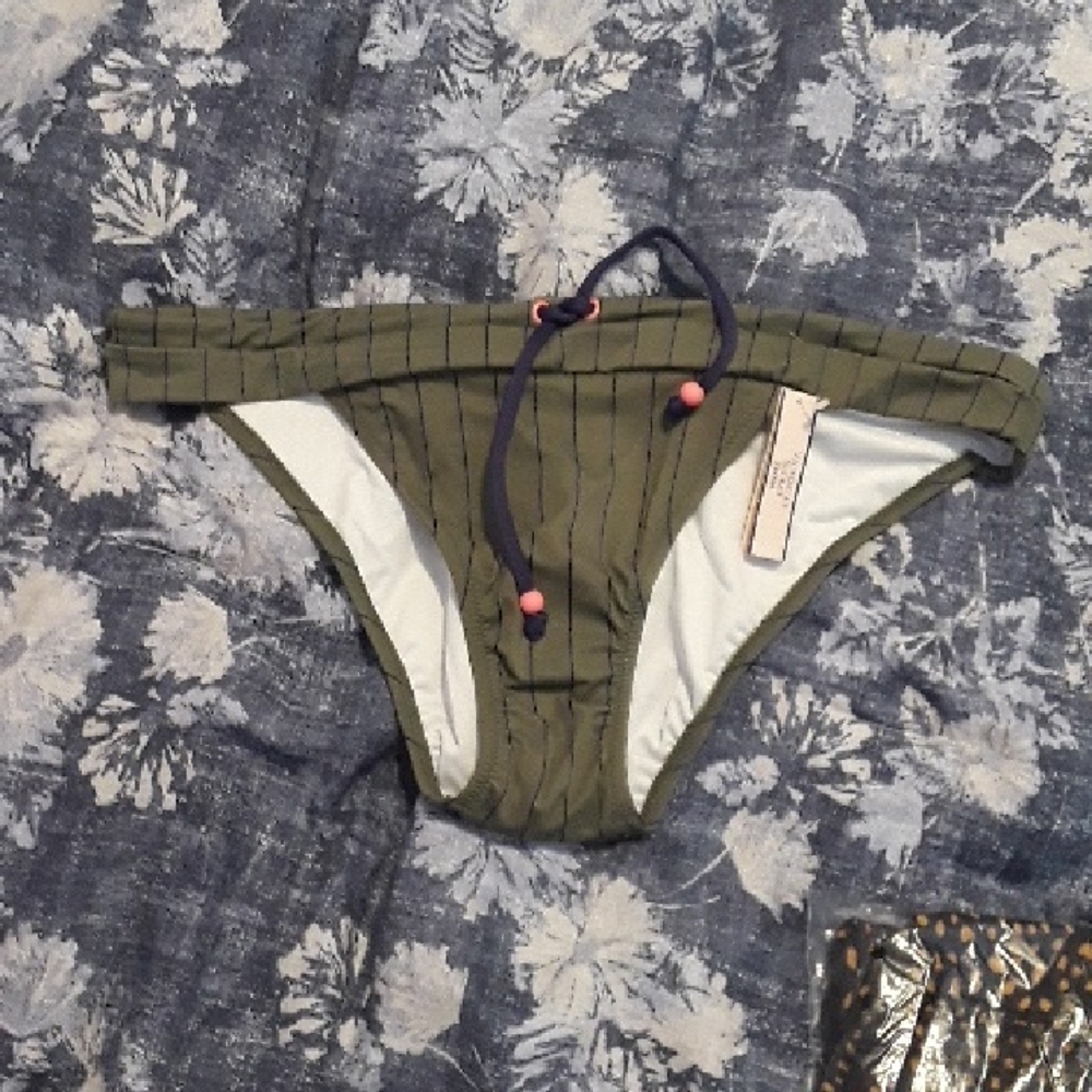Victoria's Secret Olive Bikini Bottom with Navy Pinstripes And String Tie.